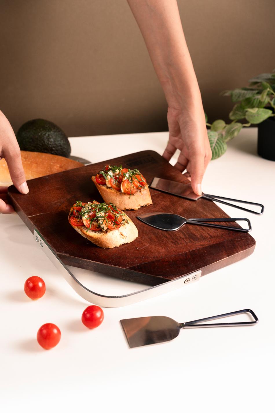 Wooden Cheese Platter Gun Metal with knives