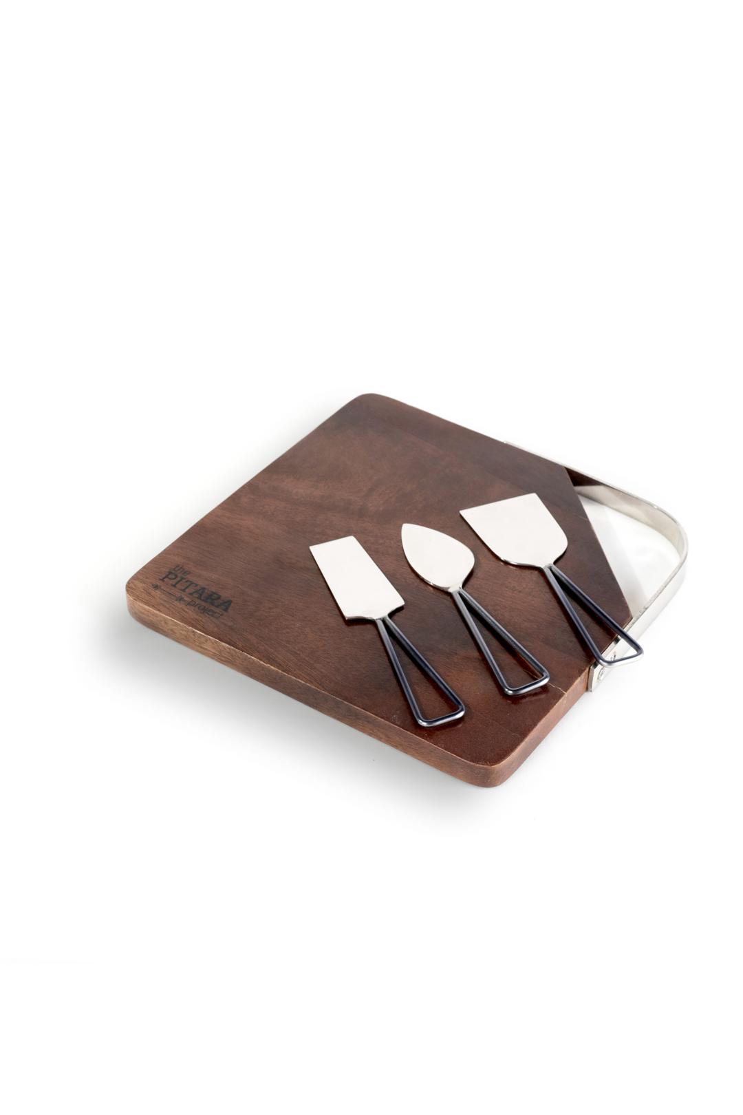 Wooden Cheese Platter Gun Metal with knives