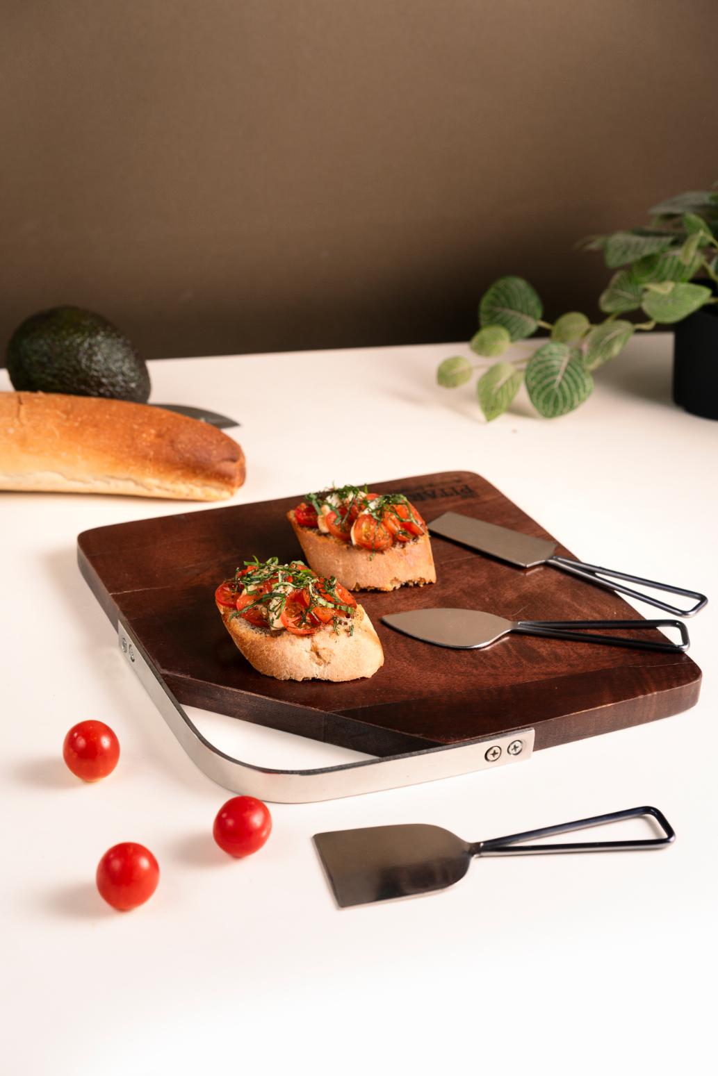 Wooden Cheese Platter Gun Metal with knives
