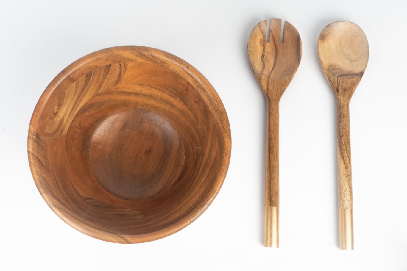 Salad Bowl Tall Natural + Server Set Gold Top