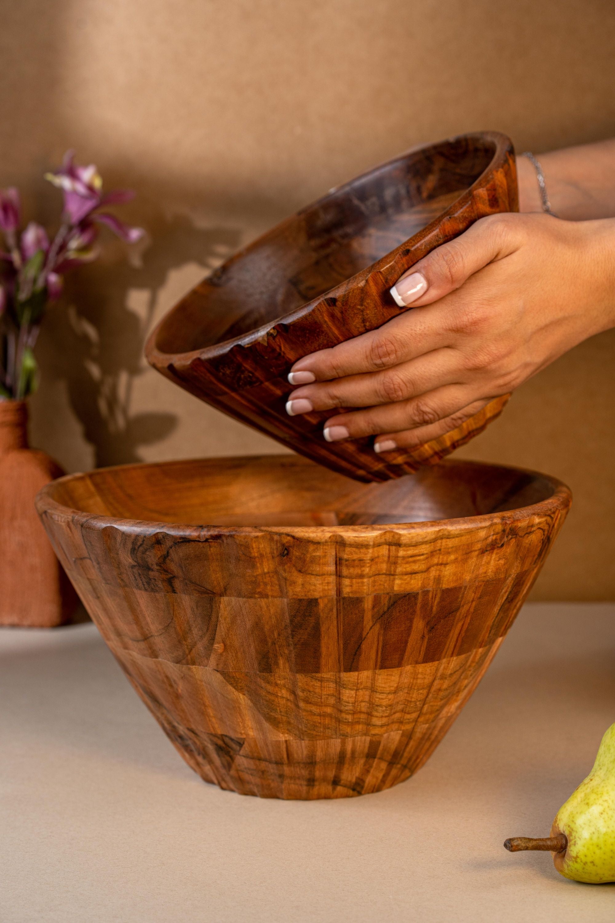 Serving Bowl Wooden Ribbed