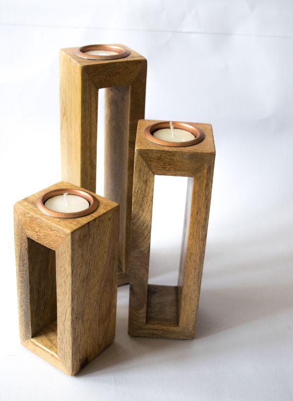 Wooden Tea Light Stand - Hollow - Set of 3