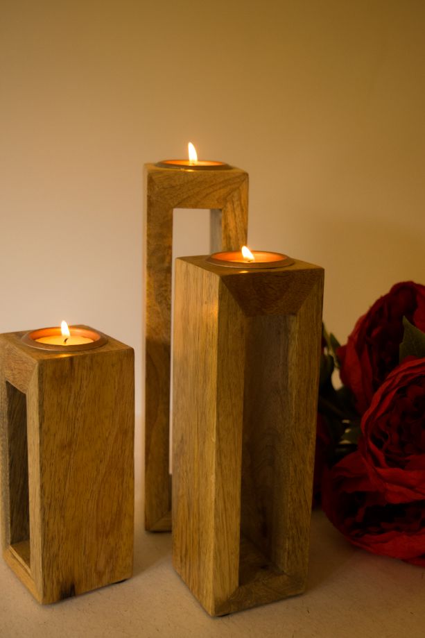 Wooden Tea Light Stand - Hollow - Set of 3